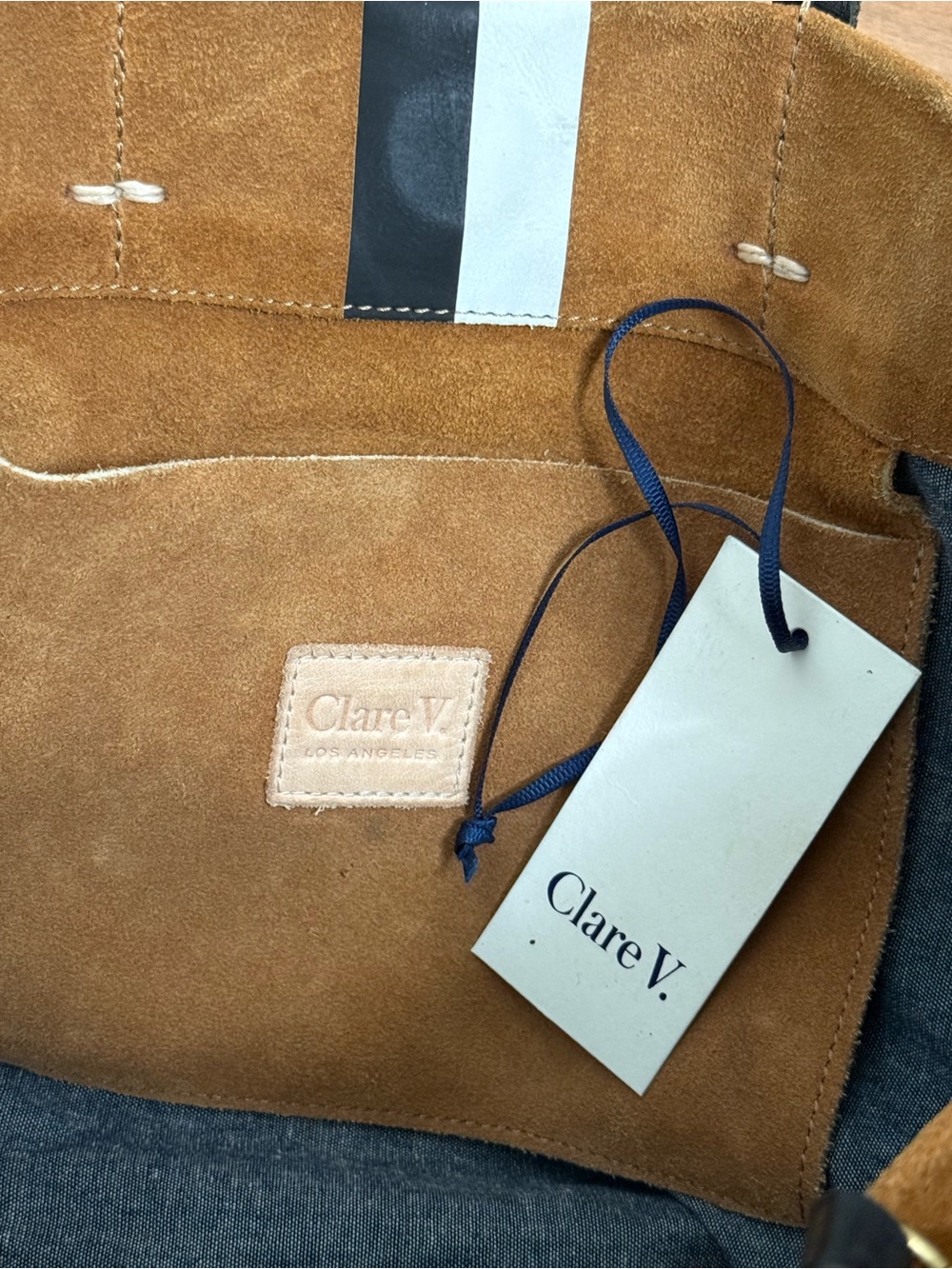 Clare V Tan Suede Tote with Black and Cream Stripe - Picture 5 of 10